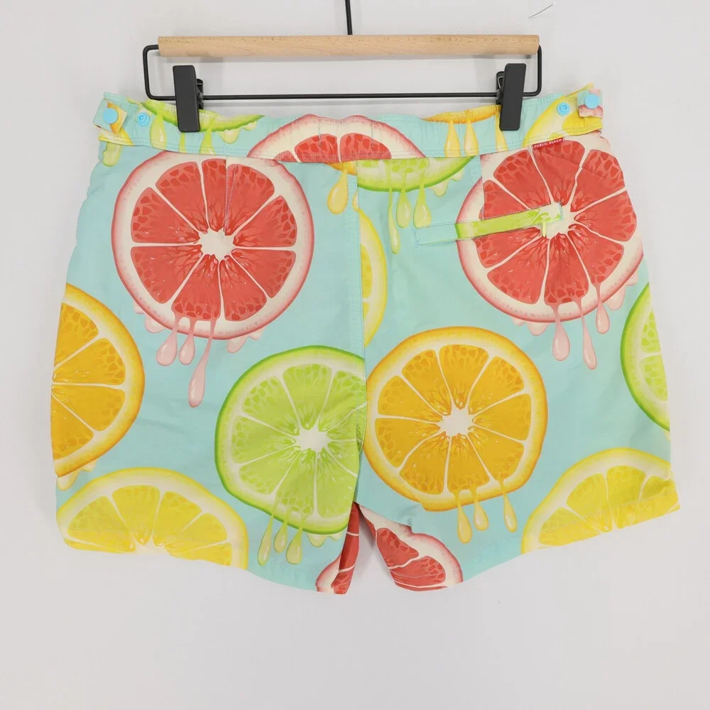 Public Beach Swim Trunks Mens M Blue Citrus Fruit Print Board Shorts Lined